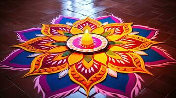 óleo lâmpadas aceso em colorida rangoli durante diwali celebração colorida argila diya lâmpadas com flores foto