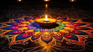 óleo lâmpadas aceso em colorida rangoli durante diwali celebração colorida argila diya lâmpadas com flores foto