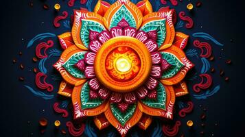 óleo lâmpadas aceso em colorida rangoli durante diwali celebração colorida argila diya lâmpadas com flores foto