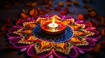 óleo lâmpadas aceso em colorida rangoli durante diwali celebração colorida argila diya lâmpadas com flores foto