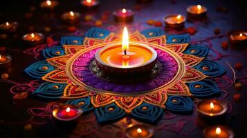 óleo lâmpadas aceso em colorida rangoli durante diwali celebração colorida argila diya lâmpadas com flores foto