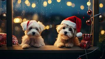 engraçado americano akita cachorro dois pessoas vestindo galhadas e santa chapéus sentar em a frente varanda a comemorar a 2024 Novo ano. foto