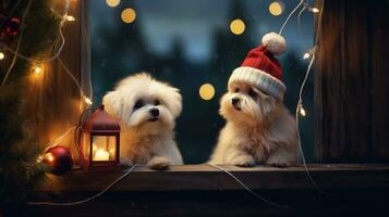 engraçado americano akita cachorro dois pessoas vestindo galhadas e santa chapéus sentar em a frente varanda a comemorar a 2024 Novo ano. foto