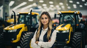 fêmea trator vendedor carrinhos dentro sala de exposições e garantias poupar partes e serviço do agrícola maquinaria. foto