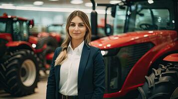 fêmea trator vendedor carrinhos dentro sala de exposições e garantias poupar partes e serviço do agrícola maquinaria. foto