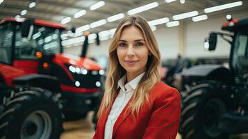 fêmea trator vendedor carrinhos dentro sala de exposições e garantias poupar partes e serviço do agrícola maquinaria. foto