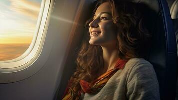 lindo menina sentado e sorridente em a avião foto