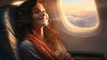 lindo menina sentado e sorridente em a avião foto