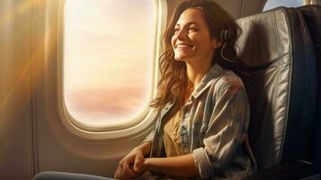 lindo menina sentado e sorridente em a avião foto