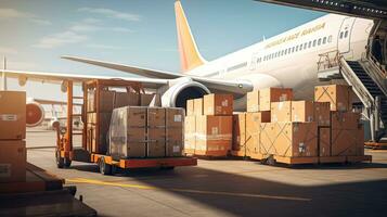 ampla caixas do bens estão carregado para transporte aviões, internacional frete transporte foto