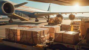 ampla caixas do bens estão carregado para transporte aviões, internacional frete transporte foto