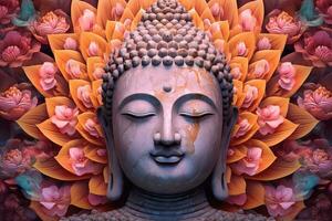 Buda imagem, antigo budismo cercado de flores foto