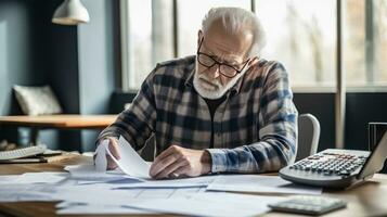 idosos homem sentado pensamento, usando computador portátil e escrevendo dentro caderno às casa mesa. estudando a conceito do Fórmula foto