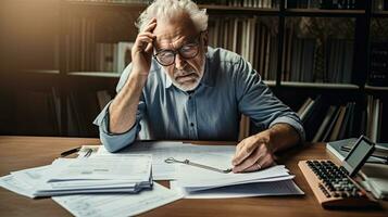 idosos homem sentado pensamento, usando computador portátil e escrevendo dentro caderno às casa mesa. estudando a conceito do Fórmula foto