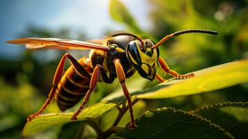 macro tiro do uma abelhas olho em uma verde folha. foto