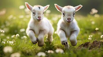 dois bebê cabras jogando dentro a verde campo foto
