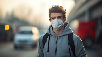 uma jovem homem desgasta a n95 mascarar para proteger contra PM 2,5 poeira e ar poluição. atrás lá estão carros passagem de e lá é uma fino fluxo. foto