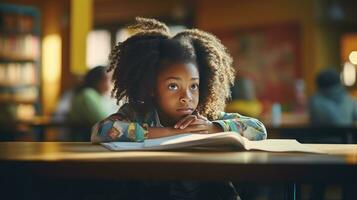 Preto fêmea elementar escola aluna sentado sozinho dentro a Sala de aula pensando sobre trabalho de casa. lá é uma livro em a mesa foto