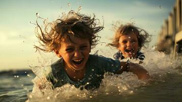 uma grupo do crianças estavam tendo Diversão jogando dentro a mar. foto