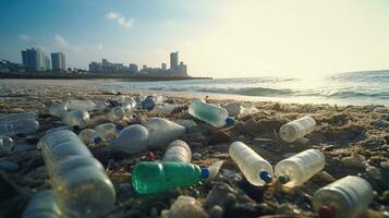 lixo em a Beira do a esvaziar e sujo plástico garrafa grande cidade de praia de Meio Ambiente poluição ecológico problemas foto