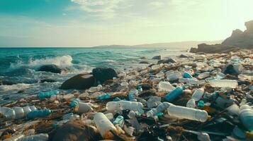 lixo em a Beira do a esvaziar e sujo plástico garrafa grande cidade de praia de Meio Ambiente poluição ecológico problemas foto