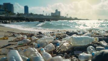 lixo em a Beira do a esvaziar e sujo plástico garrafa grande cidade de praia de Meio Ambiente poluição ecológico problemas foto