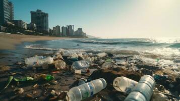 lixo em a Beira do a esvaziar e sujo plástico garrafa grande cidade de praia de Meio Ambiente poluição ecológico problemas foto