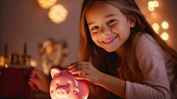 mãe e filha segurando porquinho banco contando poupança às noite luz dentro casa foto