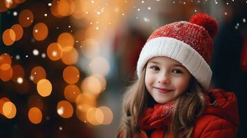 uma fofa jovem menina carrinhos e sorrisos olhando às a Câmera. fique em Natal estrada para Veja às a Nevado Natal árvore. foto