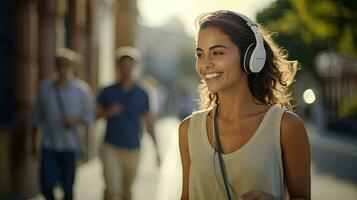 feliz mulher segurando célula telefone desfrutando música através sem fio fones de ouvido em andar em a calçada atrás a atração foto