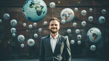 sorridente em pé homem de negocios com globo ícone conjunto mundo Largo rede conceito conjunto do planeta rede símbolos planeta ícone foto