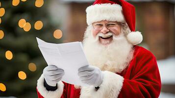 santa claus detém uma mensagem do felicidade olhando às a Câmera, sorridente alegremente foto