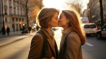 lésbica casal se beijando durante uma romântico encontro às pôr do sol em a ruas do madri foto