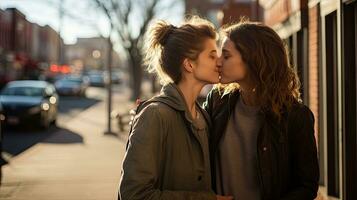 lésbica casal se beijando durante uma romântico encontro às pôr do sol em a ruas do madri foto