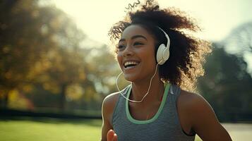 sorridente Preto mulher dentro Esportes roupas corrida dentro uma verde parque desfrutando ouvindo para música com sem fio fones de ouvido fechar-se foto