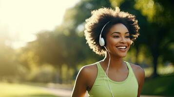 sorridente Preto mulher dentro Esportes roupas corrida dentro uma verde parque desfrutando ouvindo para música com sem fio fones de ouvido fechar-se foto