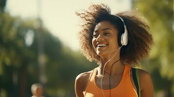 sorridente Preto mulher dentro Esportes roupas corrida dentro uma verde parque desfrutando ouvindo para música com sem fio fones de ouvido fechar-se foto