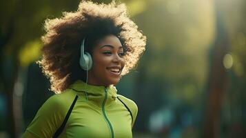 sorridente Preto mulher dentro Esportes roupas corrida dentro uma verde parque desfrutando ouvindo para música com sem fio fones de ouvido fechar-se foto