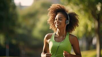 sorridente Preto mulher dentro Esportes roupas corrida dentro uma verde parque desfrutando ouvindo para música com sem fio fones de ouvido fechar-se foto