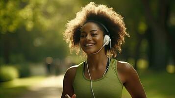 sorridente Preto mulher dentro Esportes roupas corrida dentro uma verde parque desfrutando ouvindo para música com sem fio fones de ouvido fechar-se foto