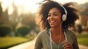 sorridente Preto mulher dentro Esportes roupas corrida dentro uma verde parque desfrutando ouvindo para música com sem fio fones de ouvido fechar-se foto