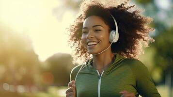 sorridente Preto mulher dentro Esportes roupas corrida dentro uma verde parque desfrutando ouvindo para música com sem fio fones de ouvido fechar-se foto