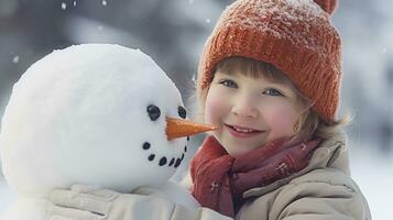 sorridente jovem mulher com boneco de neve em branco Natal dentro inverno neve foto