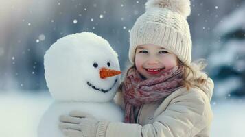 sorridente jovem mulher com boneco de neve em branco Natal dentro inverno neve foto