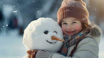 sorridente jovem mulher com boneco de neve em branco Natal dentro inverno neve foto