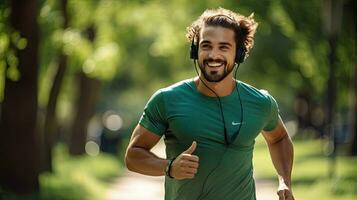 jovem barbudo homem alegremente corre dentro a parque com fones de ouvido em uma agradável verão dia. foto