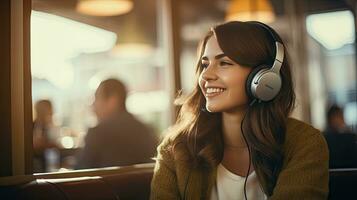 sorridente mulher ouvindo para música através sem fio fones de ouvido e jogando em tábua sentado dentro uma café fazer compras foto