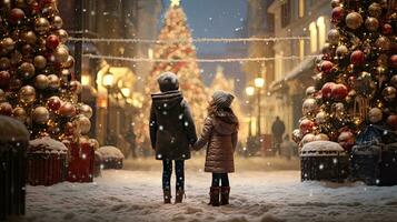 dois jovem meninas em pé em a Natal rua olhando às a Natal árvore coberto com neve foto