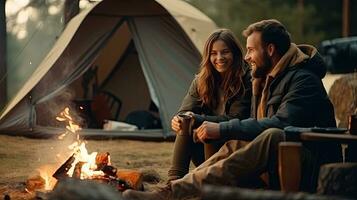 jovem casal tendo uma piquenique sentado perto uma fogueira e barraca beber café dentro a pinho floresta foto