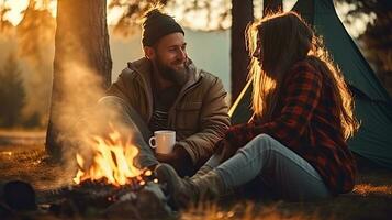 jovem casal tendo uma piquenique sentado perto uma fogueira e barraca beber café dentro a pinho floresta foto